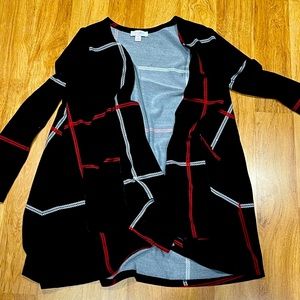 LuLaRoe black, red, and white plaid cardigan sweater